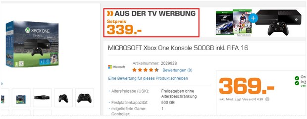 Xbox One aus der Saturn-Werbung mit Forza 6 + FIFA 16 für 339 €